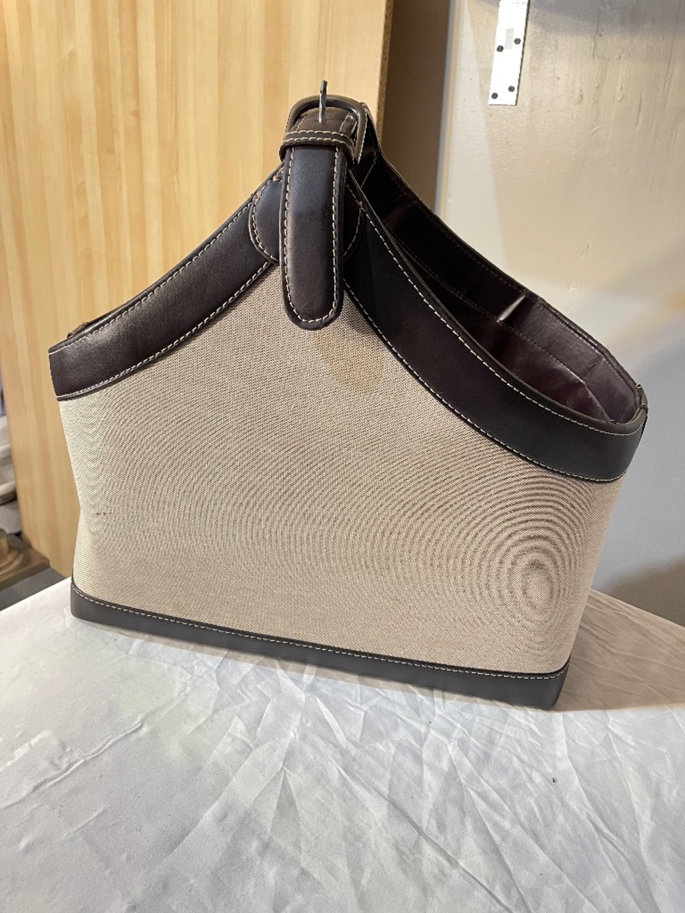 Restoration Hardware Beige Canvas and Dark Brown Leather Tote Basket